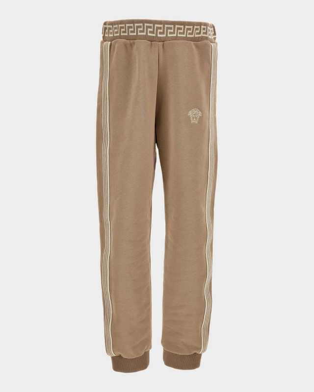 Boy's Medusa-Embroidered Greca Fleece Sweatpants, Size 6-14
